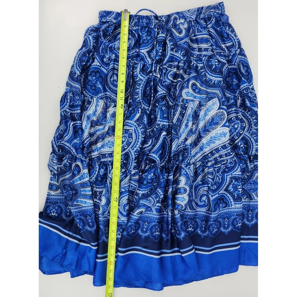 Lauren Ralph Lauren Blue Paisley Tiered Maxi Skirt XL Elastic Waist Boho Flowy